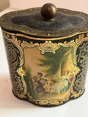 Vintage German Decorative Metal Candy Tin with Gold Filigree and Pastoral Scene